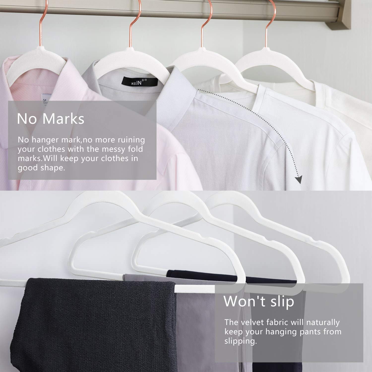 Mizgi Premium Velvet Hangers (60 Pack) Heavy Duty - Non Slip Felt Hangers - Velvet Suit Hangers White - Rose Gold Hooks,Space Sa
